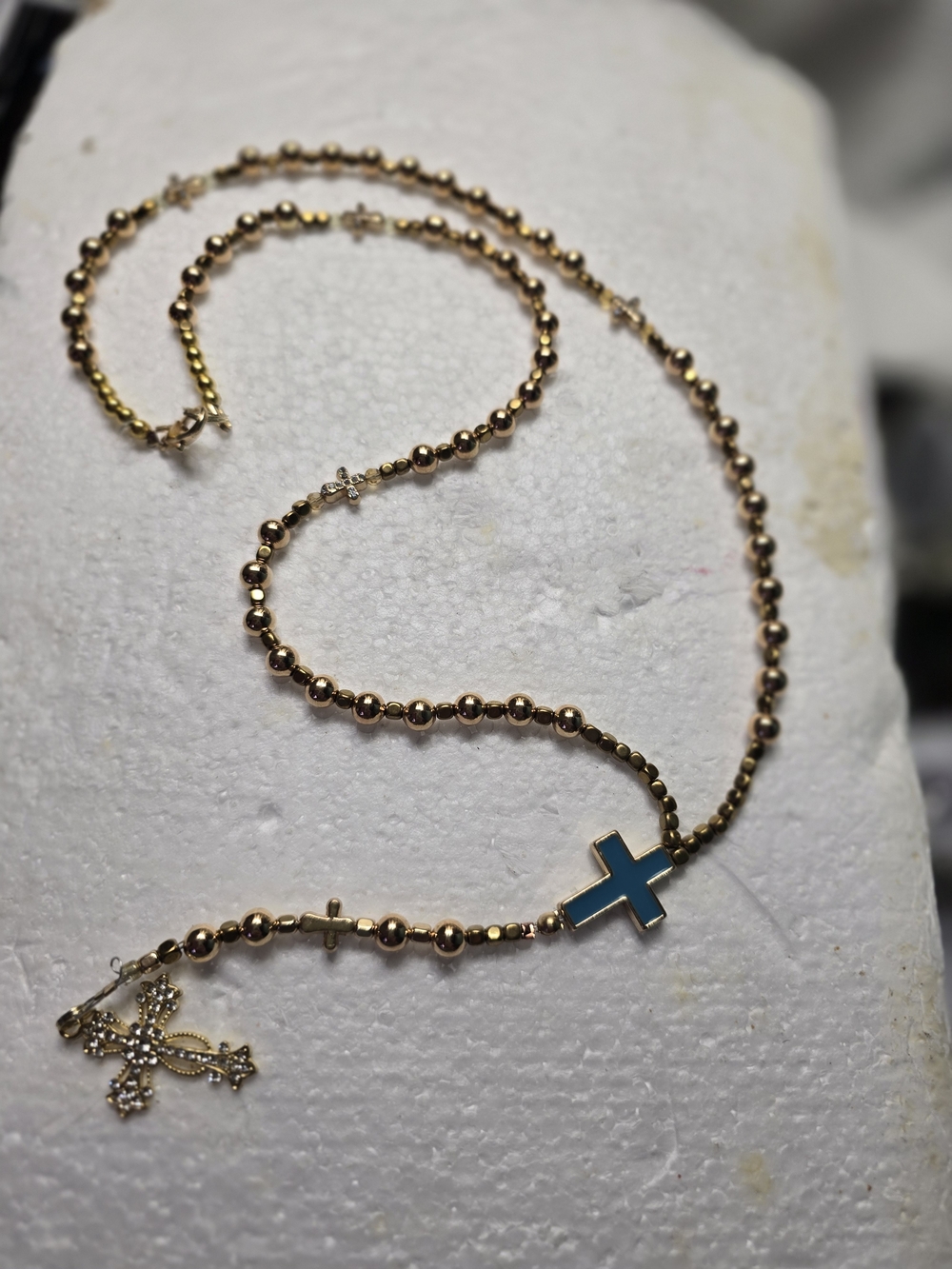 Gold Beaded Rosary Necklace with Blue Cross Pendant - Women Jewelry